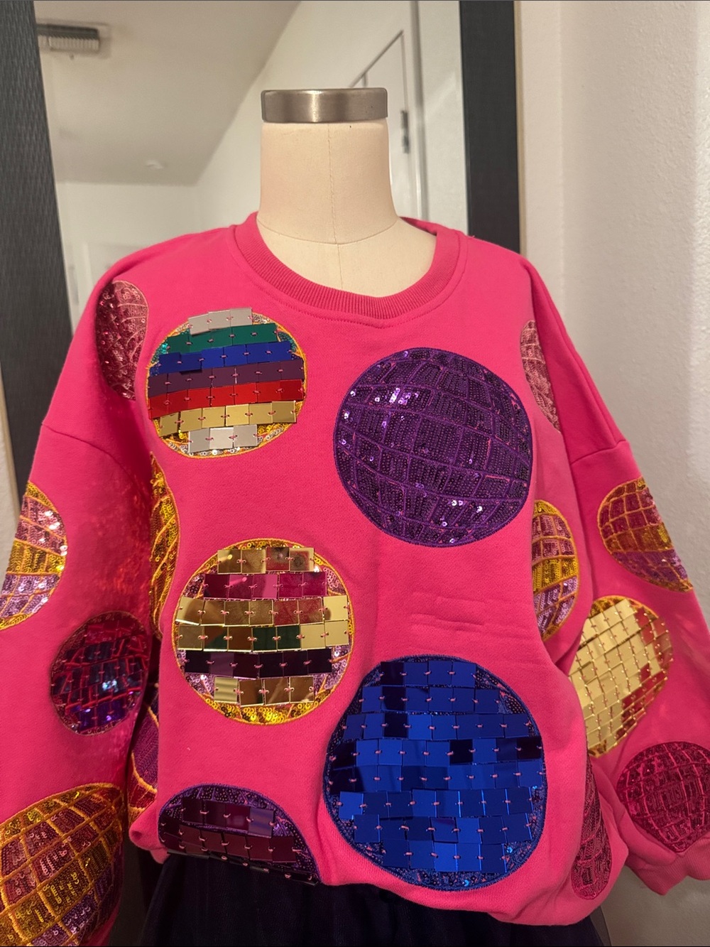 QUEEN OF SPARKLES Hot Pink Sequin Disco Balls Sweatshirt